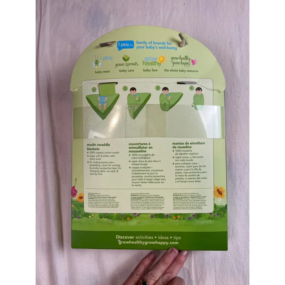 Green Sprouts 2 Pack Organic Cotton Muslin‎ Swaddle Blankets Grey White 44x44